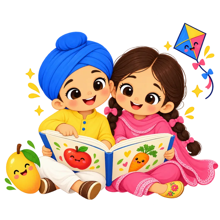 Two happy children sharing a colorful picture book, wearing a blue patka and a pink Punjabi outfit.